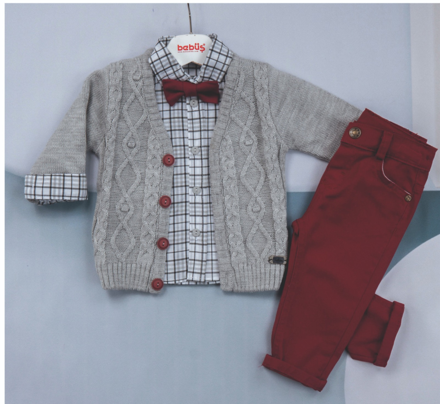 Baby Boys Four Piece Cable Knit Cardigan, Check Shirt & Chinos Set with Bow Tie (12-36M)