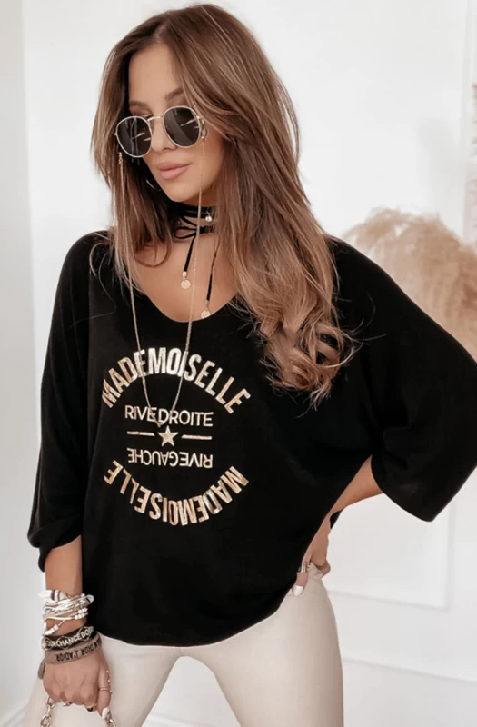 'MADEMOISELLE' METALLIC PRINTED LIGHT KNITTED TOP-BLACK