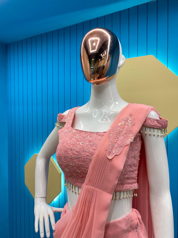 TRENDING STYLE NEW FANCY READY TO WEAR FAUX GEORGETTE SEQUENCE PATCH WORK SAREE AND FULLSTITCHED BLOUSE  - PINK