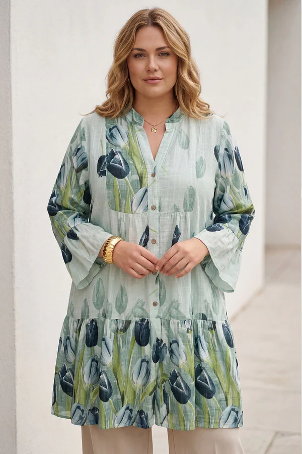 New   Tulip Flower Print Front Button Up Cotton Shirt