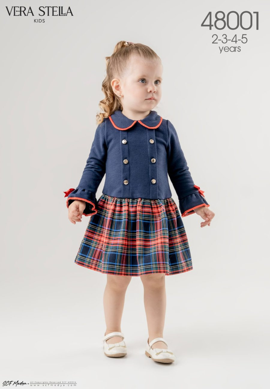 Girls Full Sleeve Metallic Button Tartan Dress (2-5Y)