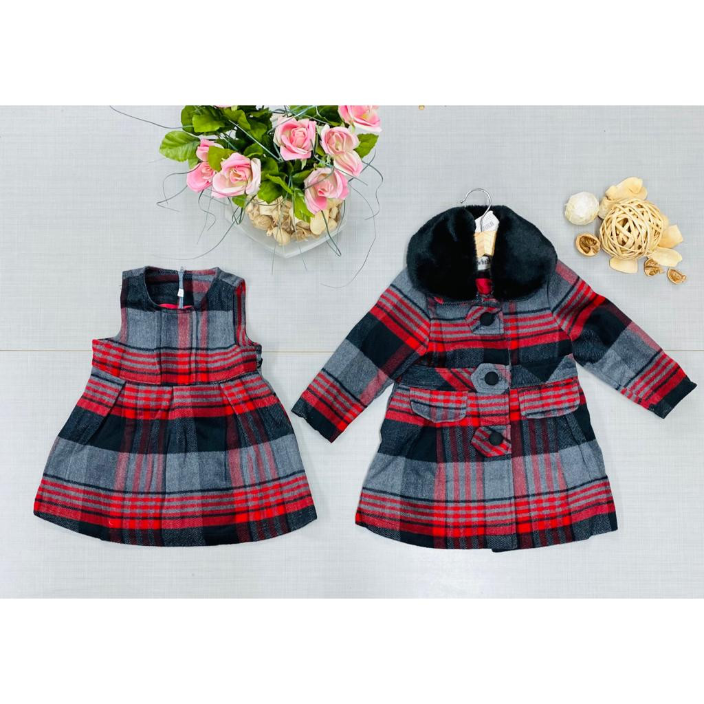 Girls Two Piece Tartan Check Coat & Dress Set -0