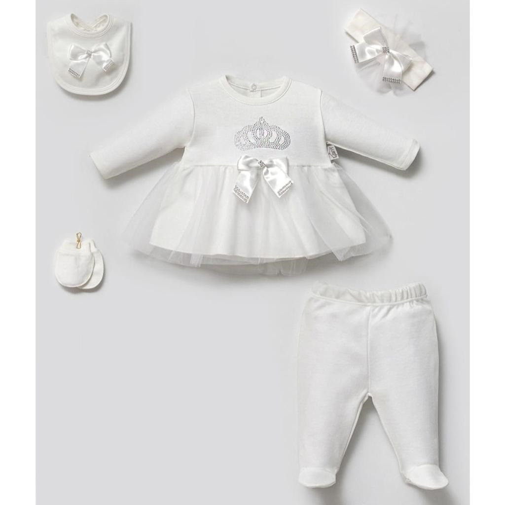 Baby Girls 5 Piece Diamante Crown Set with Headband, Mittens & Bib (0-3M)