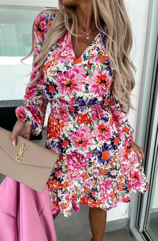 BRIANA LONG SLEEVES FLORAL FRILL DRESS-PINK