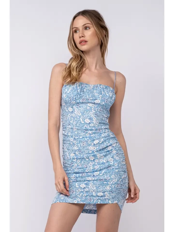 Floral Square Neck Ruched Band Fit-in Mini Dress