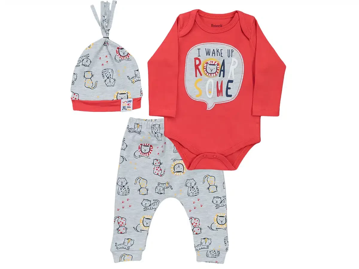 Baby Boys Three “Roar” Cat Print Romper & Bottoms Set with Hat (3-9M)