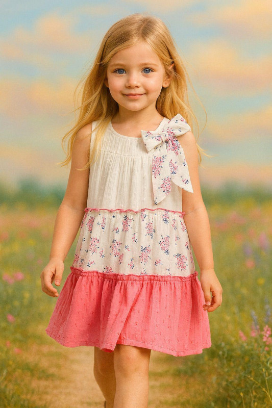 Girls Layered Floral Print Embossed Bow Cotton Dress (2-9Y)-PINK