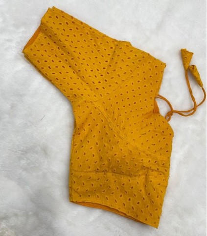 Trendy Hakoba Blouse with Back Open Pattern and Glass Sleeves.