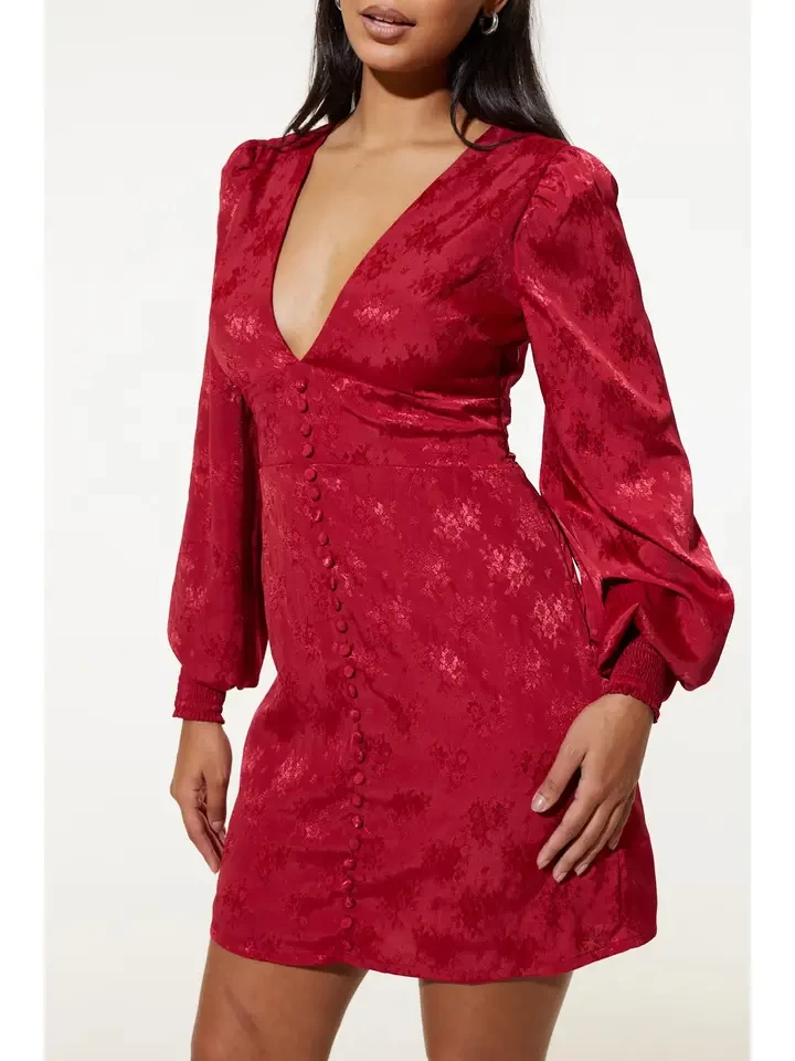 Noha Short Dress in Recycled Red Rose Jacquard