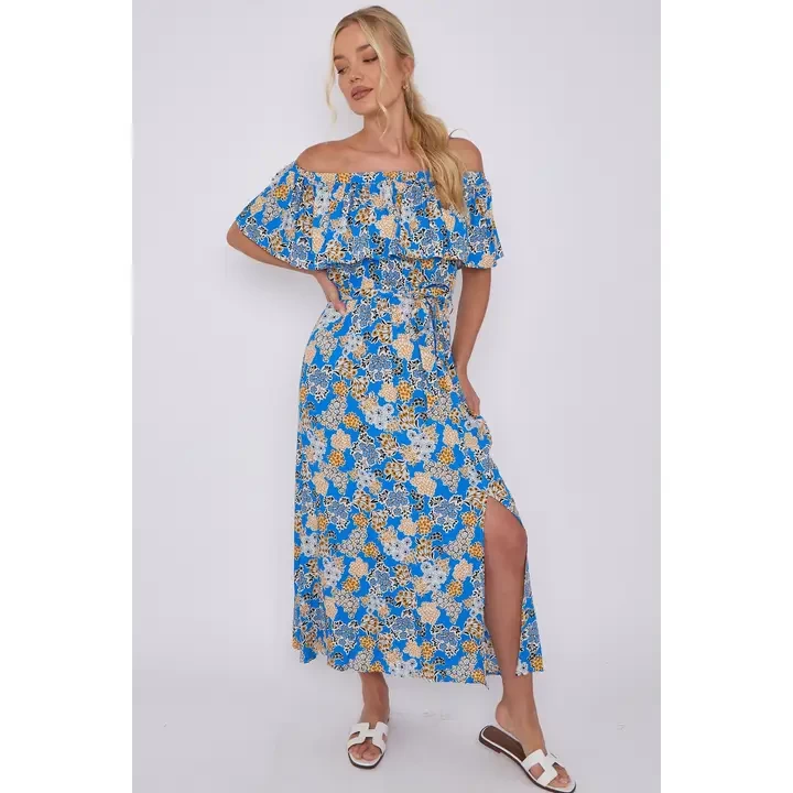 Blue Floral Print Bardot Maxi Dress