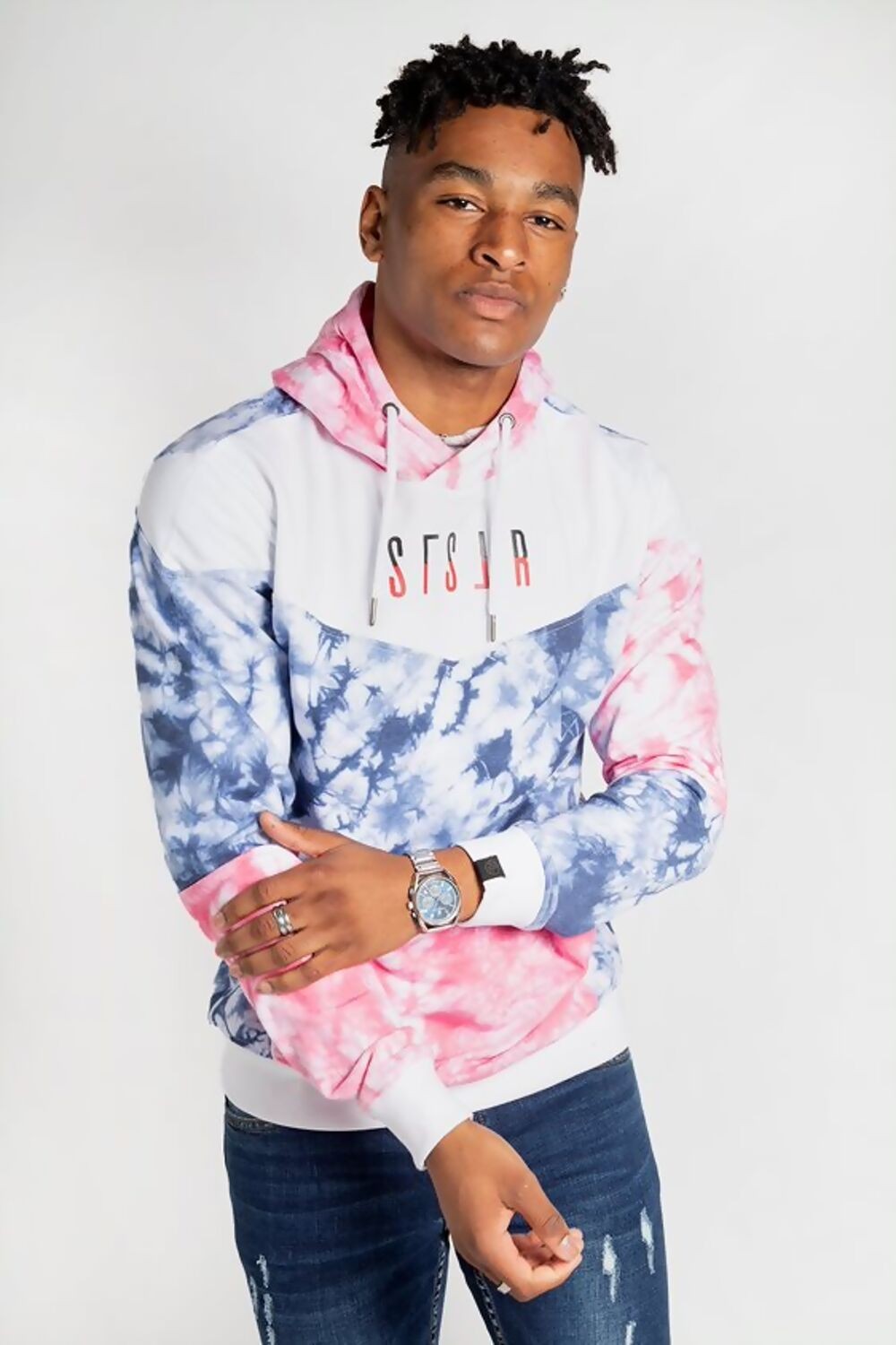 BLUE AND PINK TIE AND DYE HOODED SWEATSHIRT