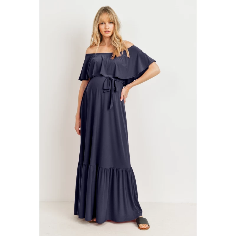 Tie Waist Off Shoulder Maternity Maxi Dress