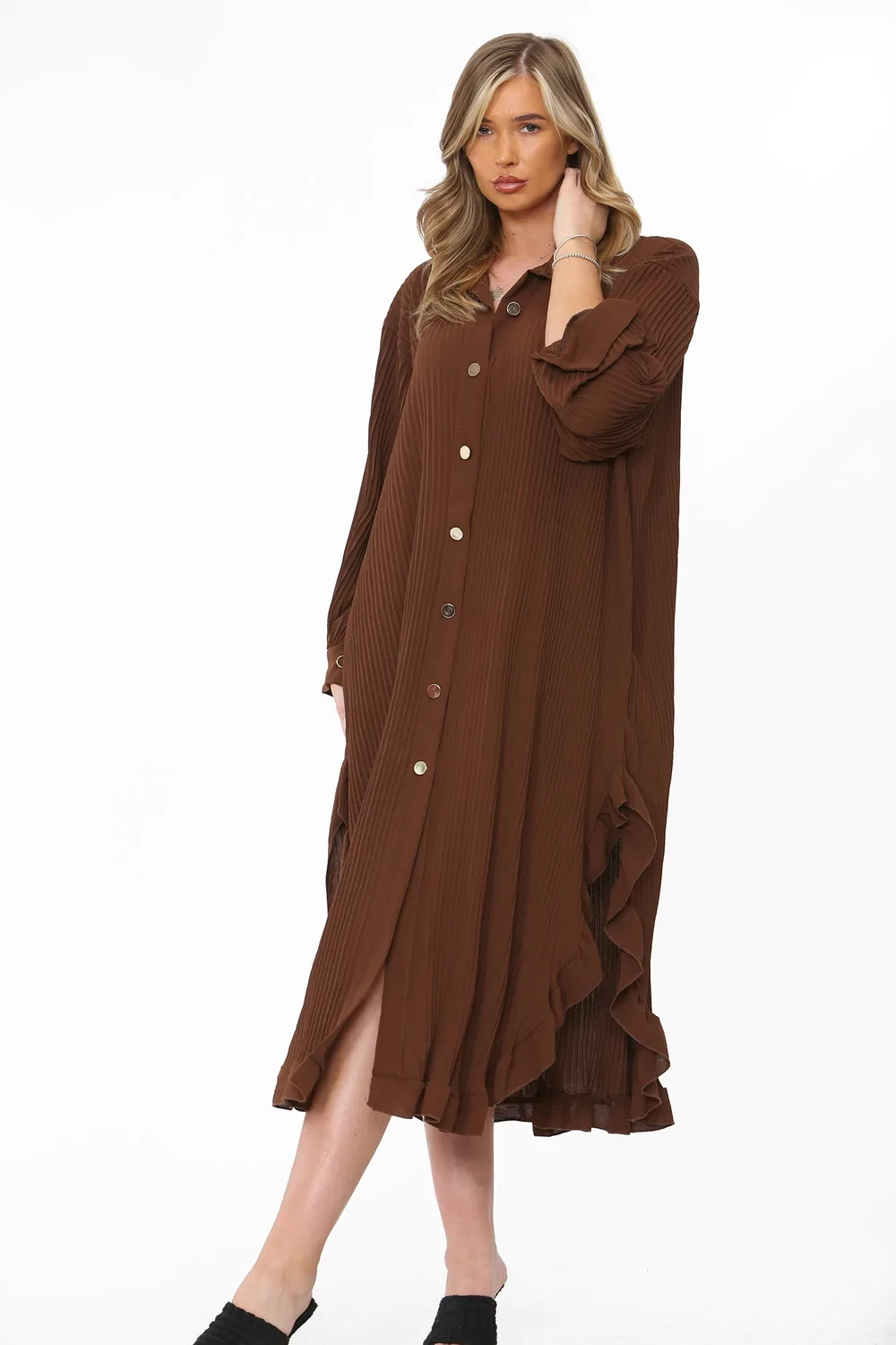 GOLD BUTTON PLEATED MAXI