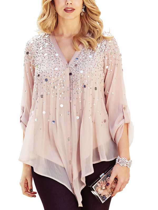 Sequin Embellished Roll Sleeve Shirt