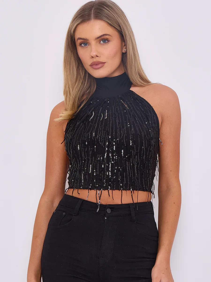 SEQUIN TASSEL HALTER CROP TOP