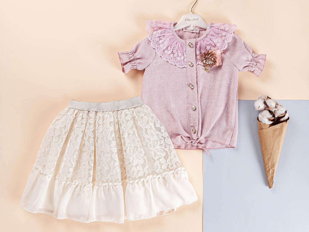 Girls Button Top & Floral Lace Skirt Set (2-5Y)