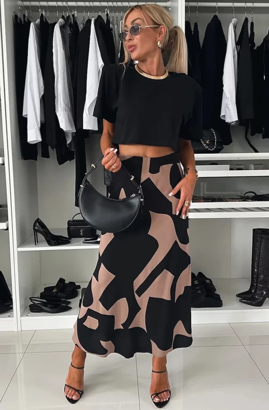 SHARON SATIN PATTERNED MIDAXI SKIRT-BROWN