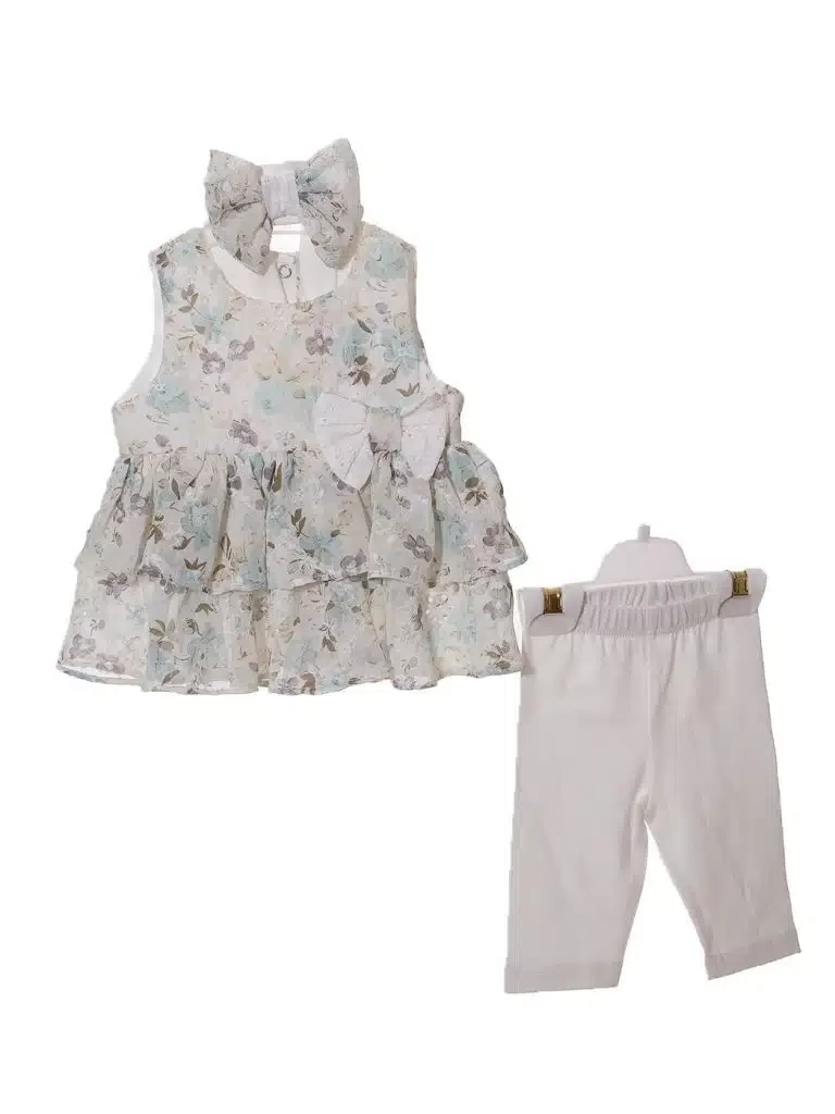 Baby Girls Layered Floral Bow Dress & Leggings Set With Headband (6-36M)