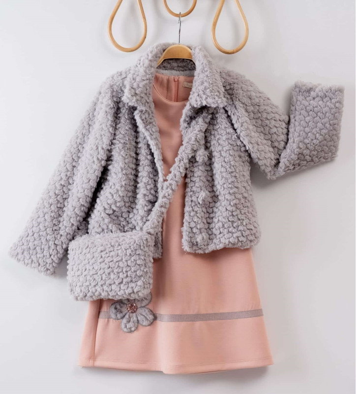 Girls Two Piece Dress & Fur Coat Set with Fur Purse (4-7Y)