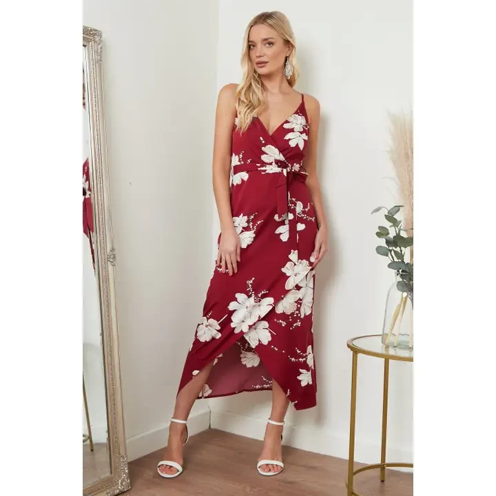 Cami Wrap Midi Dress in Red Floral Print