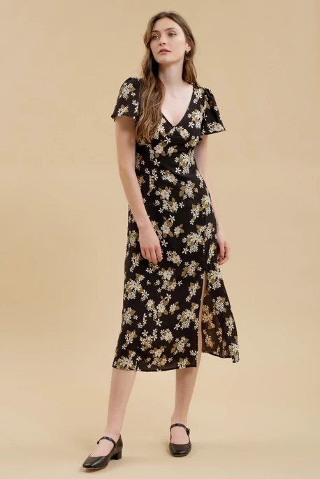 Floral V Neck Short Sleeve Split Thigh Midi Dress