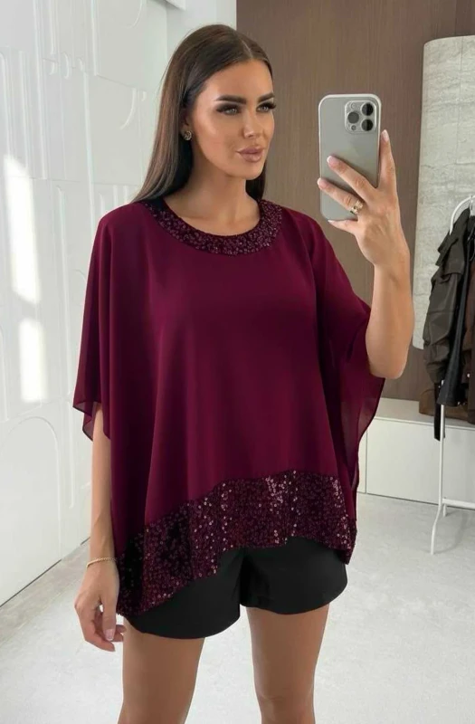 AYLA SEQUIN TRIM BATWING CHIFFON CAPE BLOUSE-WINE