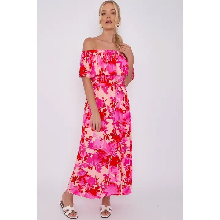 Fuchsia Floral Print Bardot Maxi Dress