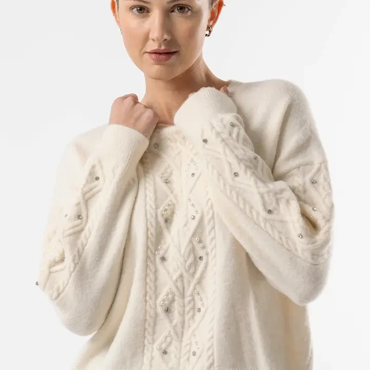 Cable Knit Gem Detail White Jumper