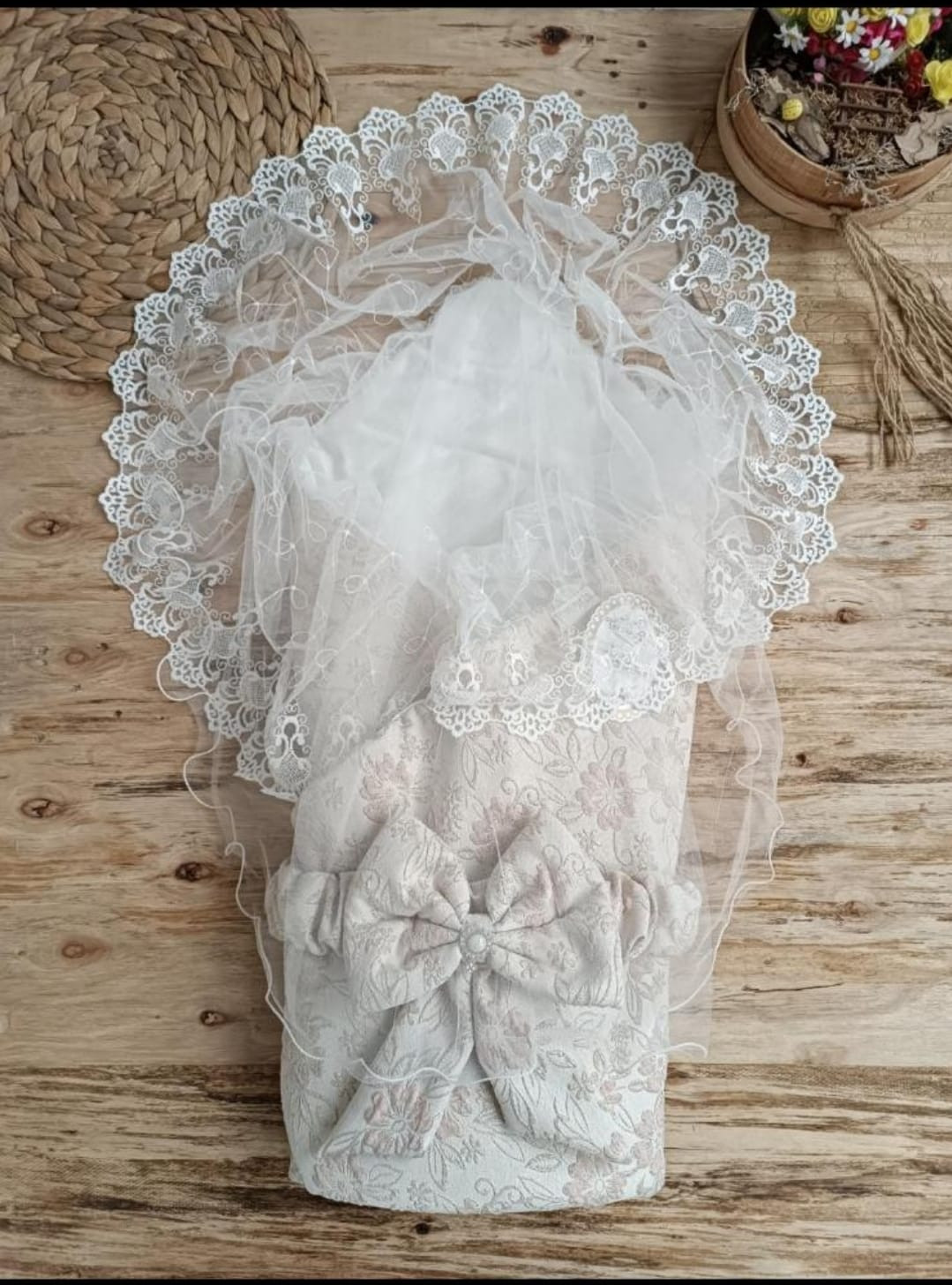Baby Embroidered Embossed Floral Frilly Bow Swaddle Nest