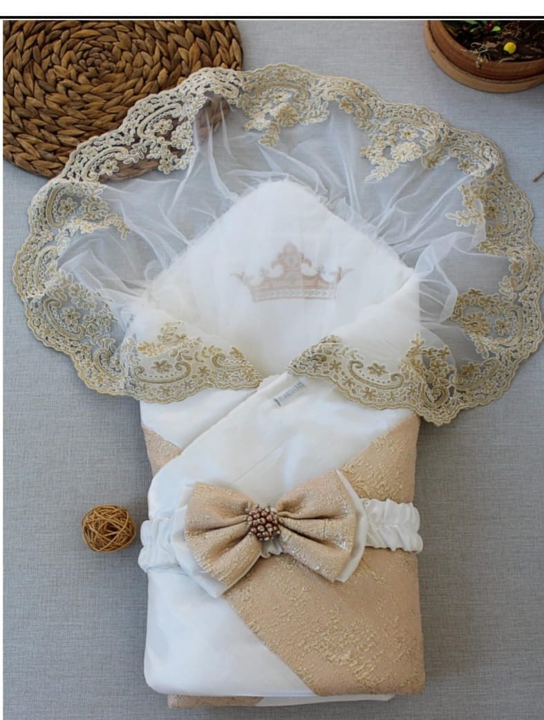 Baby Embroidered Embossed Crown Gold Frilly Bow Swaddle Nest