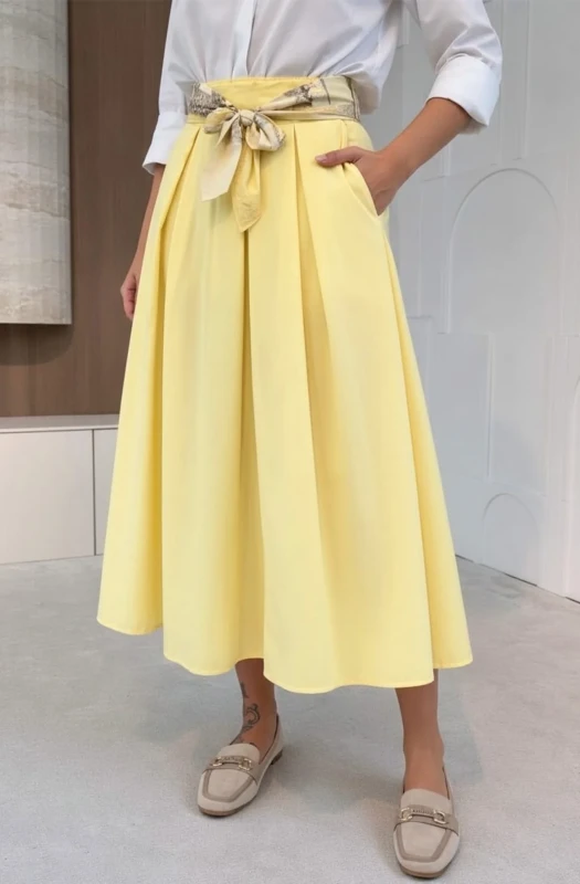 HENRIETA SCARF BELT PLEATED POCKET MIDI SKIRT-YELLOW