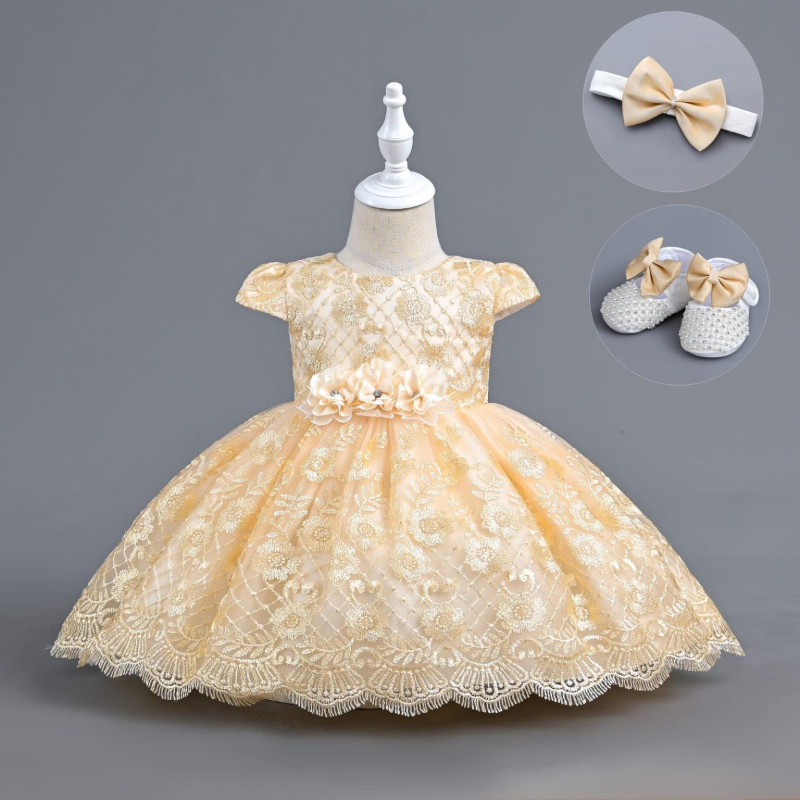 Baby Girls Floral Embroidered Party Dress with Shoes and Headband (6-24M)