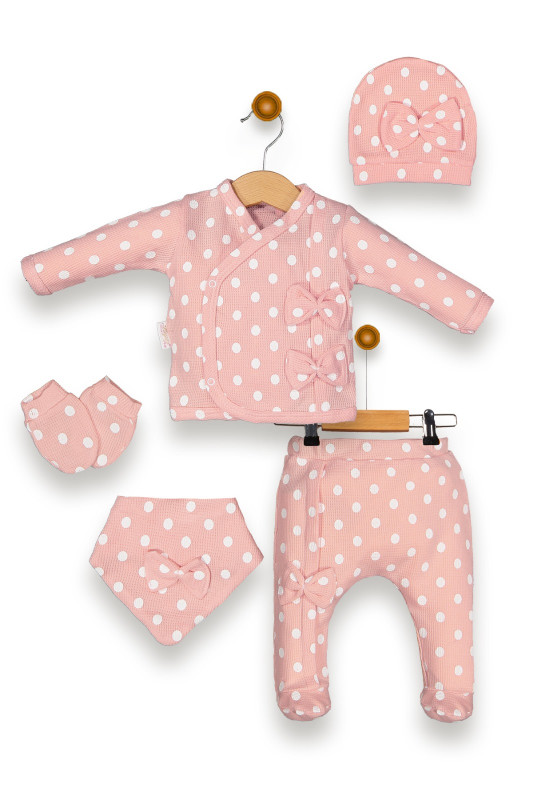 Baby Girls Polka Dot 5pc Set with Mittens, Bib & Hat (0-6M)