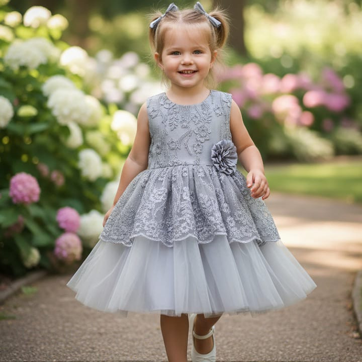 Girls Elegant Glitter Embroidered Flower Layered Party Dress (2-12Y)