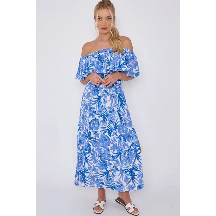 Blue Leaf Floral Print Bardot Maxi Dress