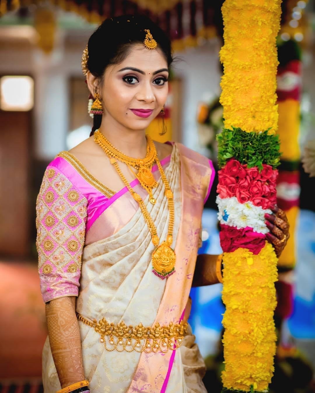 Pure Traditional Kanchipuram  cream color weaving saree