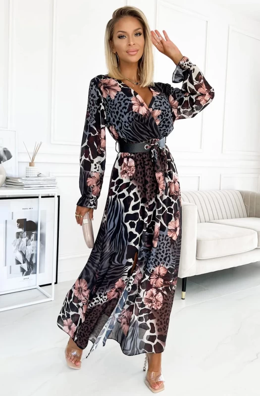 THANDIE PLUS SIZE ANIMAL & FLORAL PRINT CHIFFON MAXI DRESS