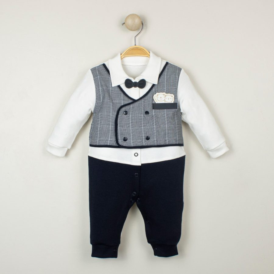 Baby Boys Attached Check Waistcoat & Bow Tie Romper (0-9M)