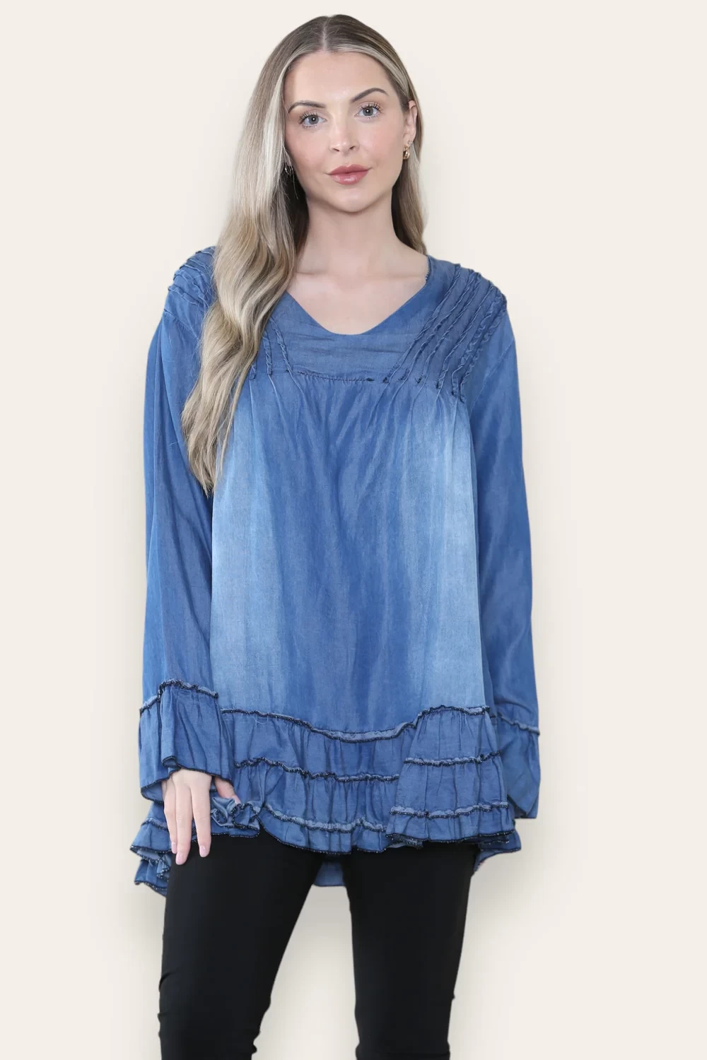 DENIM FRILL OVERSIZED BLOUSE