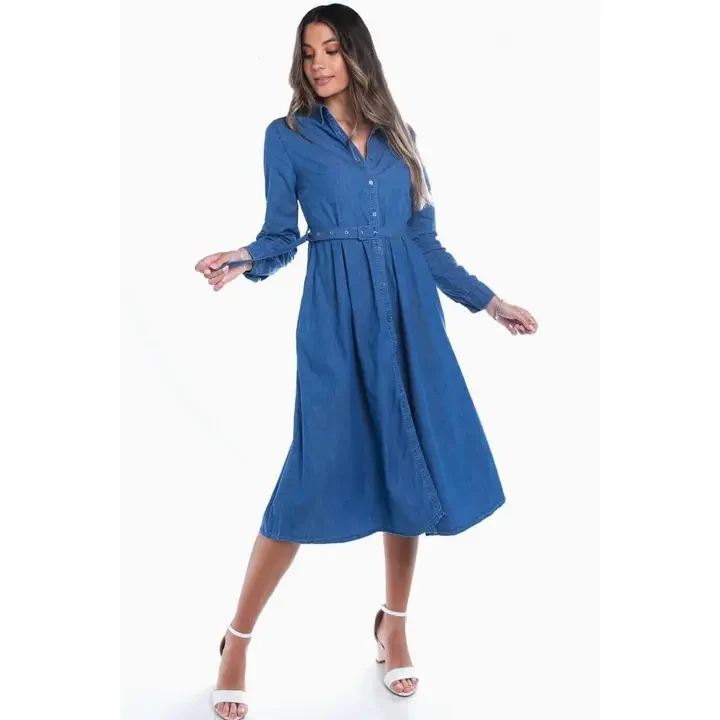 Long Sleeve Belted Denim Midi Dress
