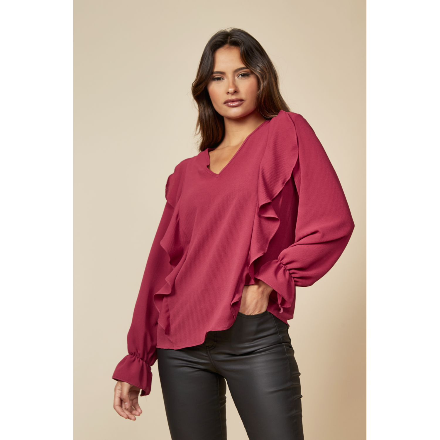 OVERSIZED V NECK TOP RUFFLE FRONT DETAILS IN BURGUNDY