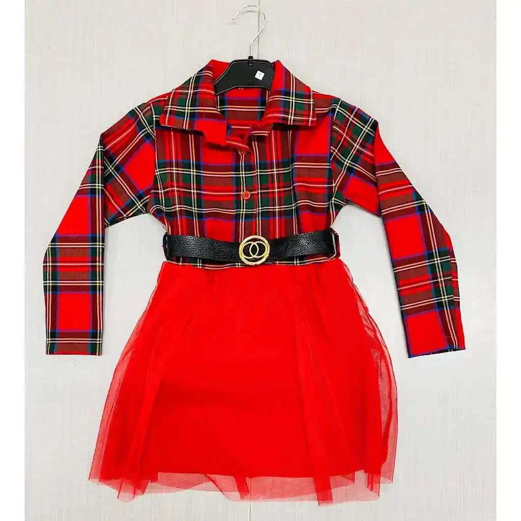 Girls Buttoned Tartan Net Dress with Belt (4-14Y)