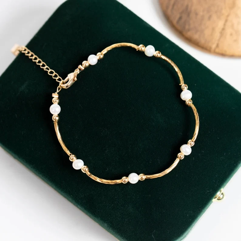 14K Gold Natural Pearl Bracelet/Anklet, Fresh Water Pearl Bracelet, Size Adjustable Bracelet, Bridesmaid Gift, Bridal Bracelet