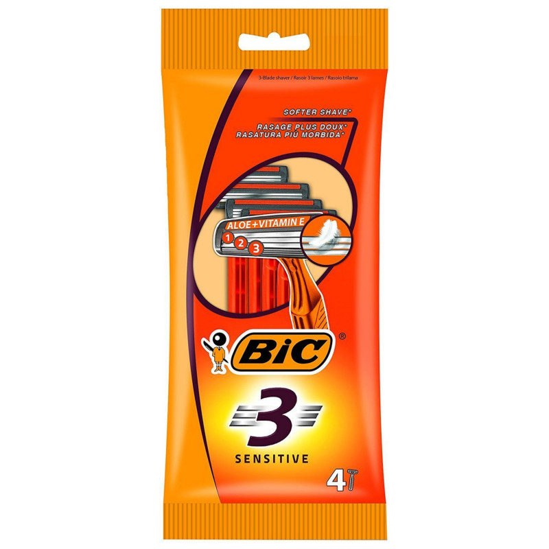 BIC 3 Sensitive Men's Disposable Razors With Triple Stainless Steel Blades 4Pack