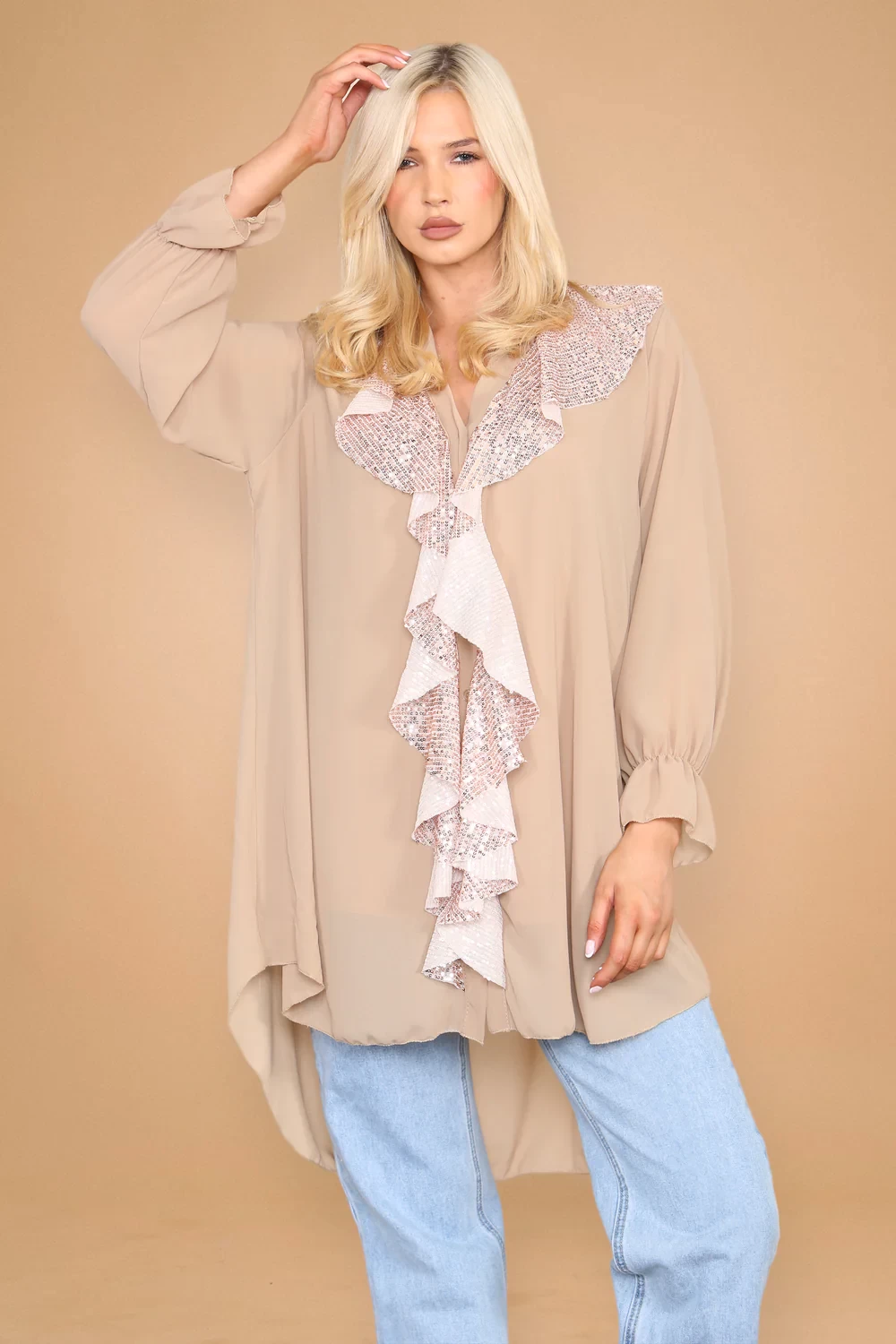 BAILEY SEQUIN RUFFLE OVERSIZED SHIRT - CAMEL