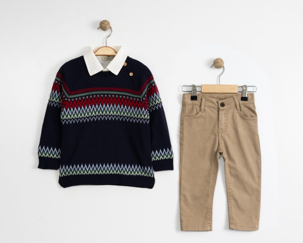 Baby Boys Three Piece Knitted Zig Zag Jumper, Shirt & Jeans (6-24M)