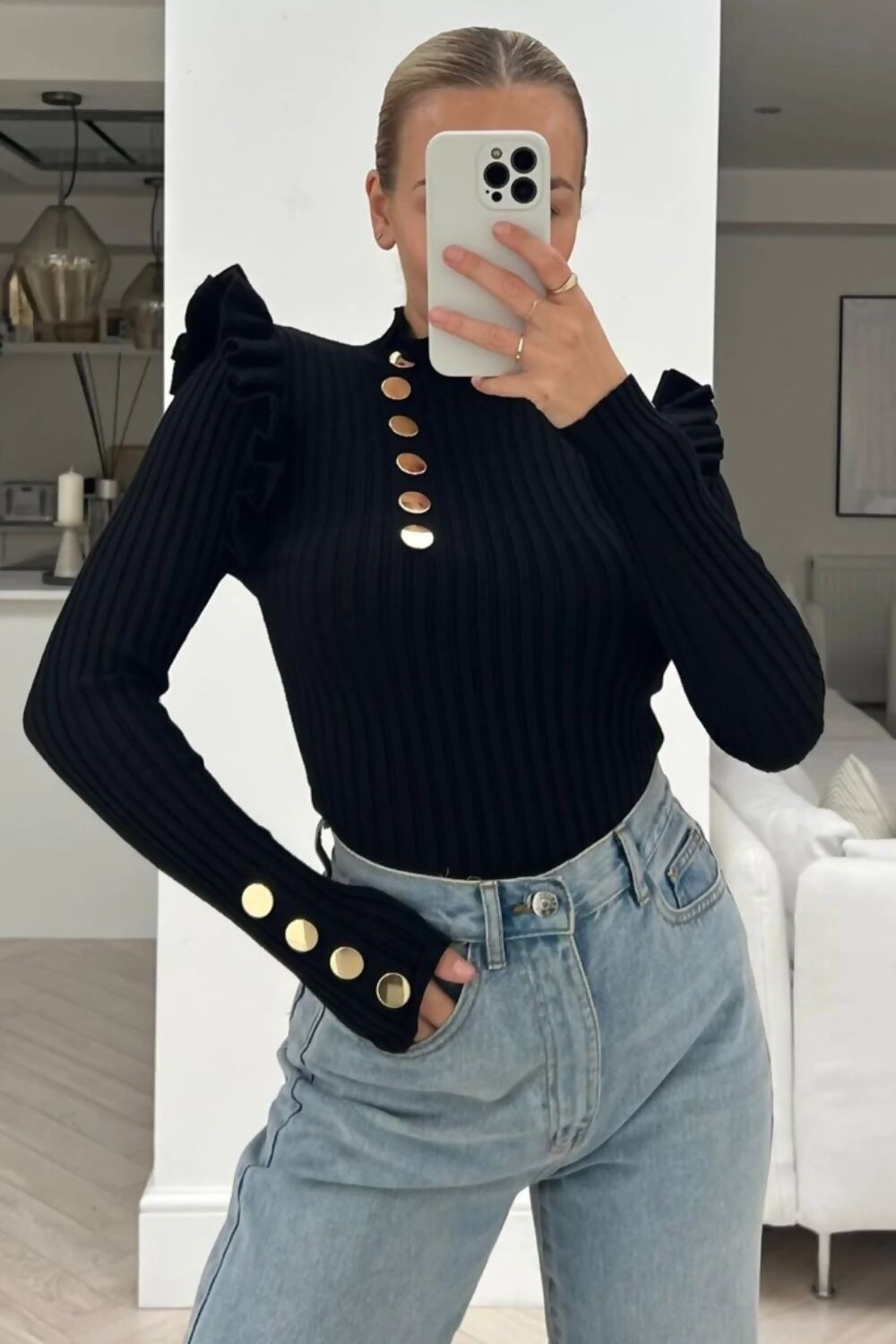 BEIGE FRILL SLEEVE GOLD BUTTON TOP