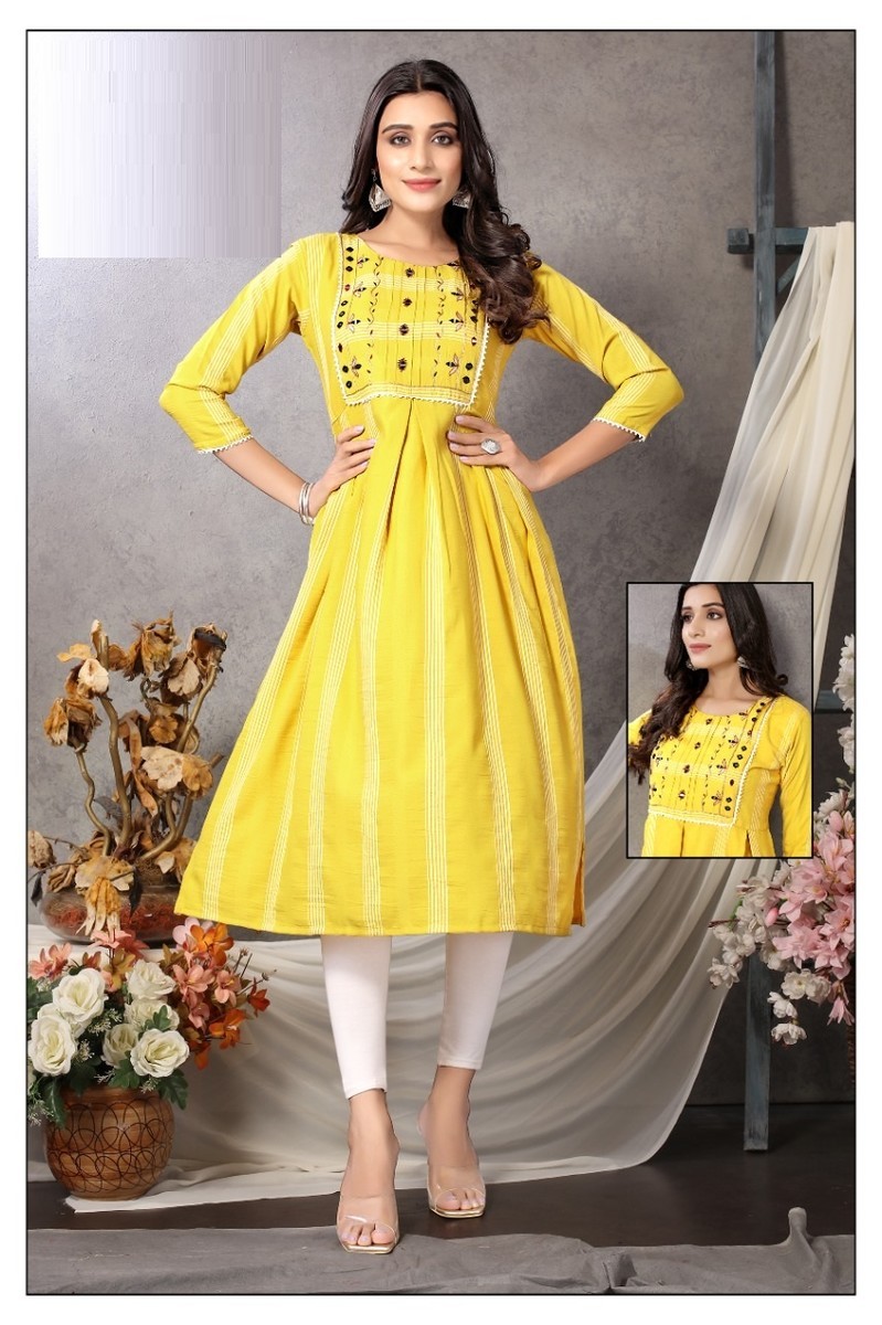 Poly Viscose With Self Embroidery and Real Mirror Work Kurti