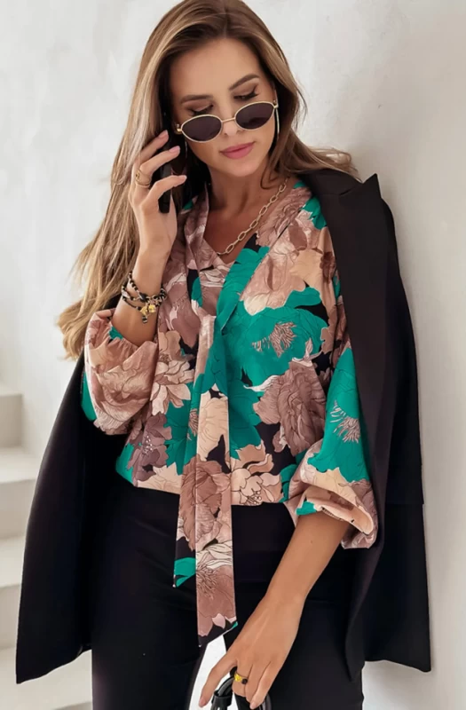 ALANA FLORAL PUSSYBOW BLOUSE SHIRT TOP-GREEN