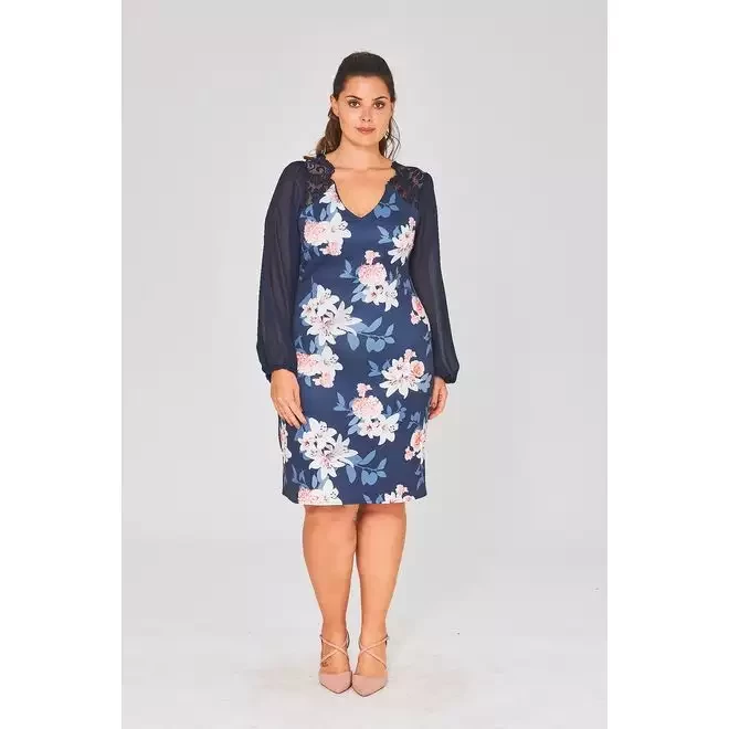 BLUE V-NECK PRINT BODYCON DRESS